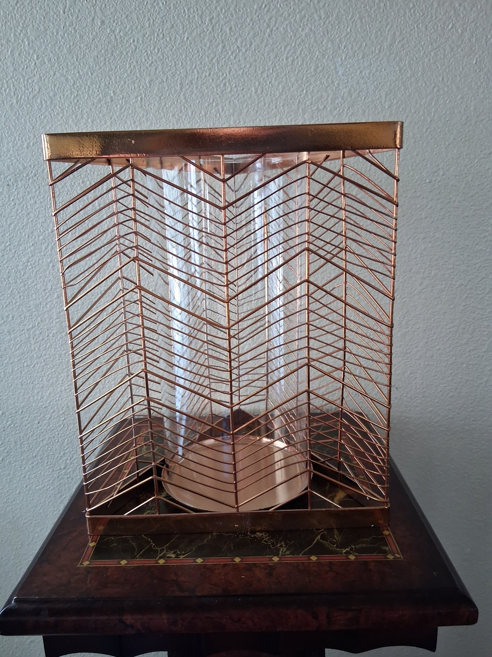 Copper Chevron Wire Hurricane Candle Holder with Glass Cylinder Pillar Holder Lg